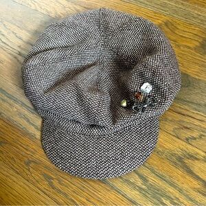 Lane Bryant Y2K Brown Tweed Newsboy Cap Jeweled Brooch OS